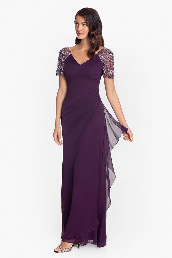 Xscape Women's Long V-Neck Beaded Detail Jersey Dress (Reg